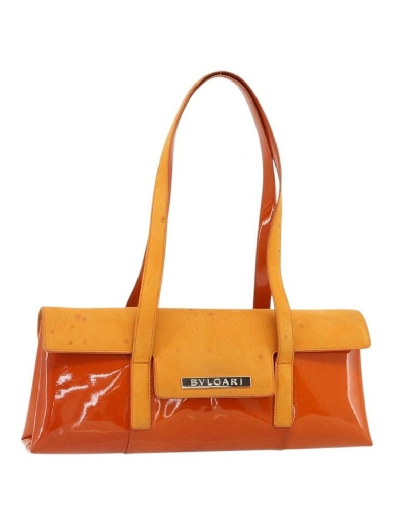 Authentic Bvlgari Shoulder Bag Patent Leather Orange Silver
